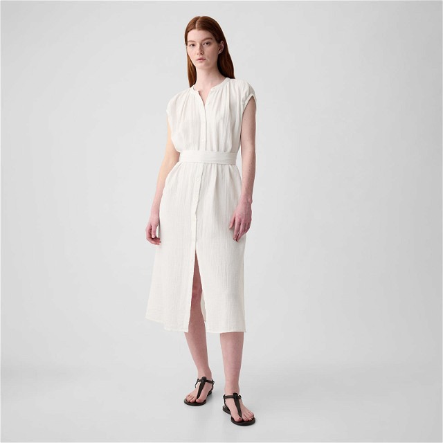 Dresses Shortsleeve Gauze Tie Waist Button Down Midi Dress New Off White