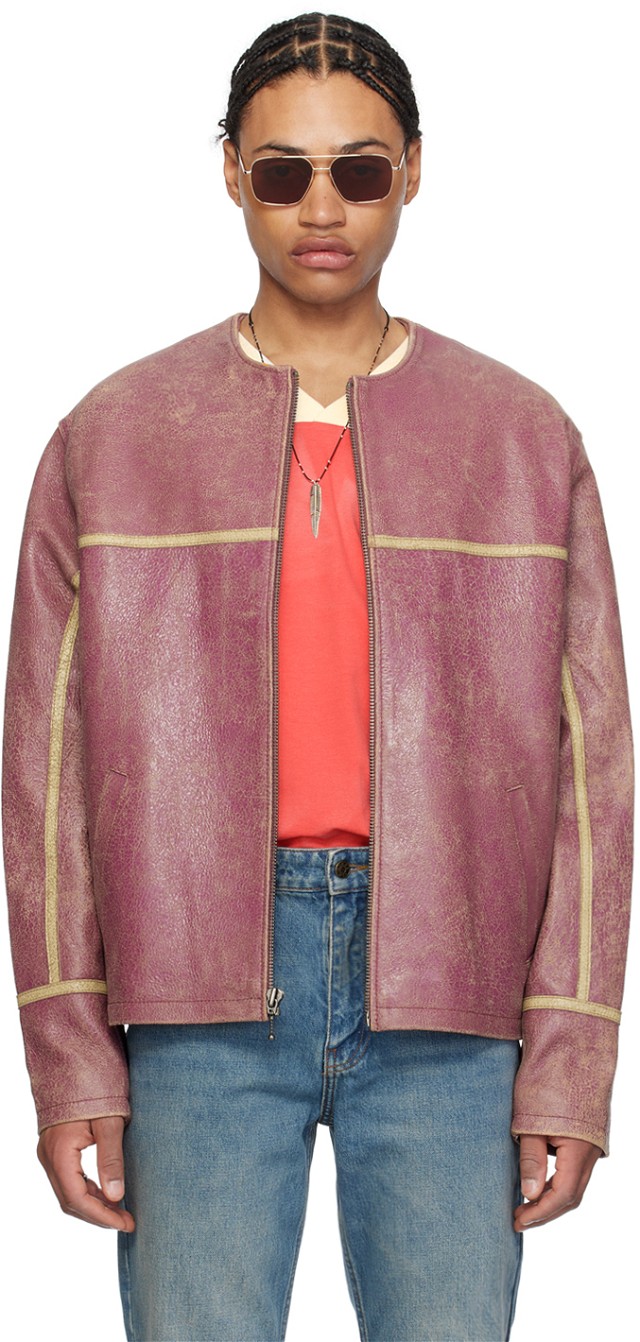USA Purple Round Neck Leather Jacket