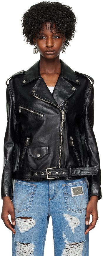 Dolce & Gabbana Black Pin-Buckle Belt Leather Jacket F9P52L HULRK