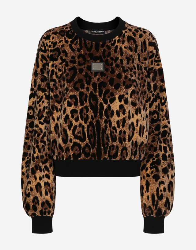 Round-neck Chenille Sweatshirt With Jacquard Leopard Design