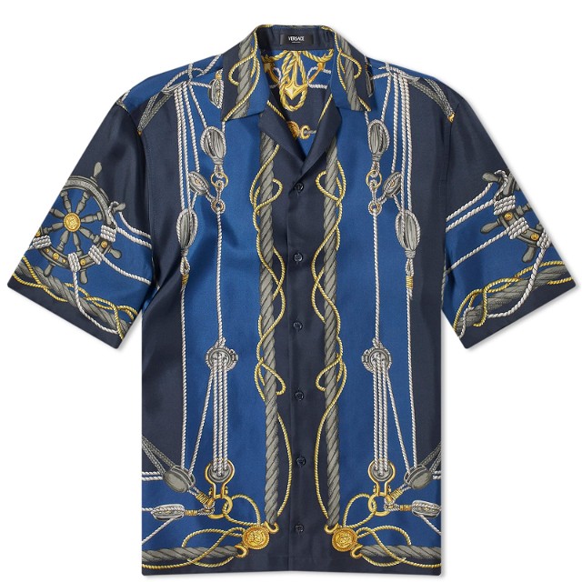 Men's Nautical Print Silk Vacation Shirt Blue/Gold
