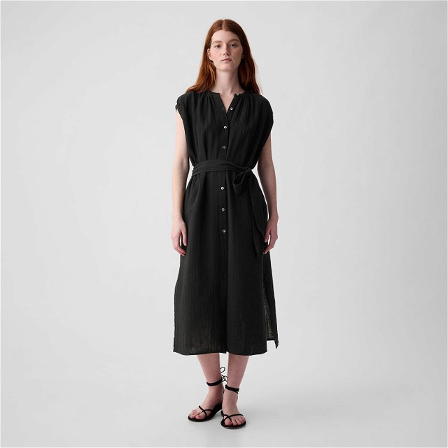 Dresses Shortsleeve Gauze Tie Waist Button Down Midi Dress Black