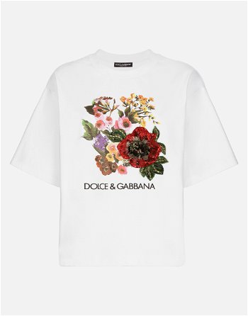 Dolce & Gabbana Jersey T-shirt With Print And Floral Embroidery F8U74ZGDCBJW0800